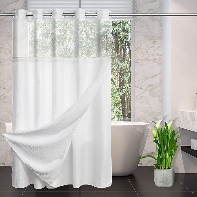 No Hooks Required Long Waffle Weave Shower Curtain with Snap in Liner-Hotel Grade Waterproof & Mesh Top Window Spa Like Bath Curtain Machine Washable Heavy Duty 71''W x 86''H White