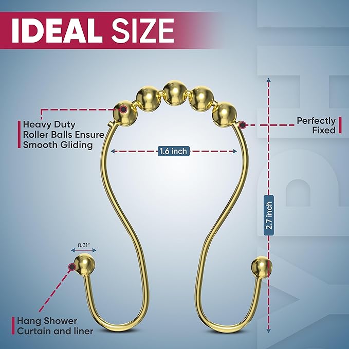 Shower Curtain Hooks Rust Proof (Set of 12) - Stainless Steel Shower Curtain Rings - Anti Slip Roller Balls for Easy Glide (Omega Double Hooks, Polished Gold)