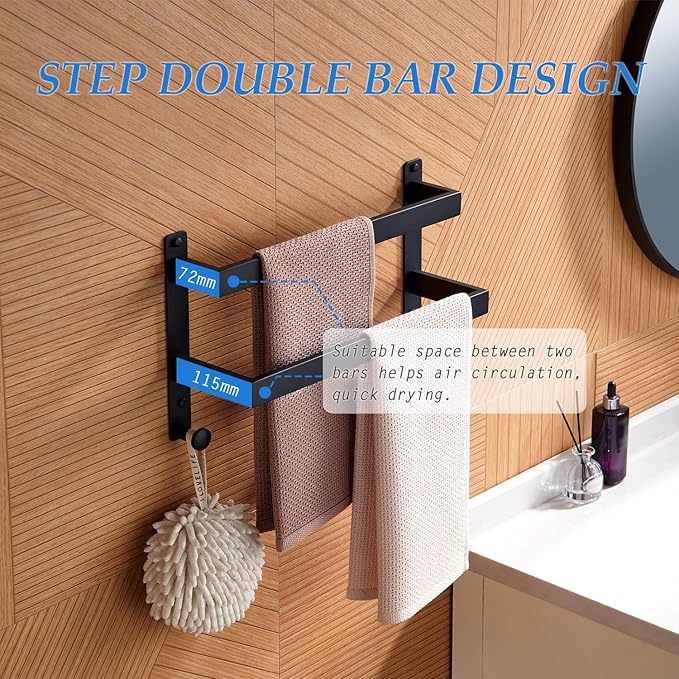 16 Inch Double Towel Bar with Hooks Matte Black, Stainless Steel Bath Shower Towel Rack Wall Mounted Towel Rod Holder for Bathroom