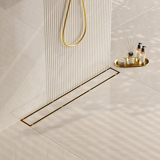 Neodrain 30-Inch Gold Linear Shower Drain, 2-in-1 Flat & Tile Insert Cover, Stainless Steel Linear Drain, Brushed Brass Rectangle Shower Floor Drain with Hair Strainer, Watermark&CUPC Certified