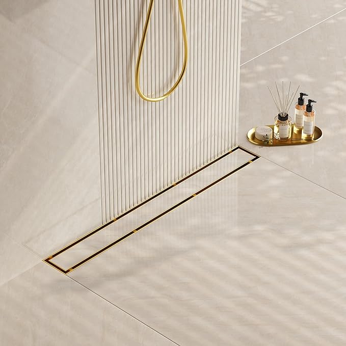 Neodrain 48-Inch Gold Linear Shower Drain, 2-in-1 Flat & Tile Insert Cover, Stainless Steel Linear Drain, Brushed Brass Rectangle Shower Floor Drain with Hair Strainer, CUPC Certified