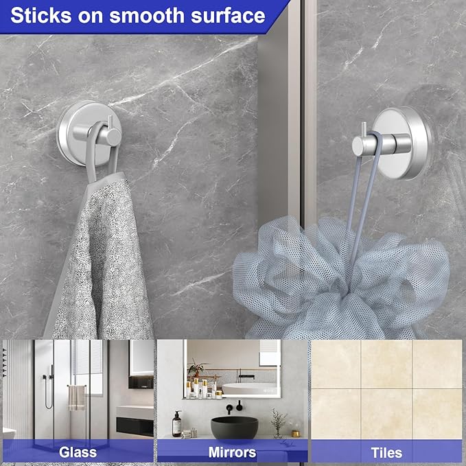 HUFEEOH Suction Cup Hooks for Shower, 4 Pack Removable Towel Holder Wall Hooks for Inside Shower, No Drill Towel Hooks for Bathroom Hanger Wall Mount (Silver)
