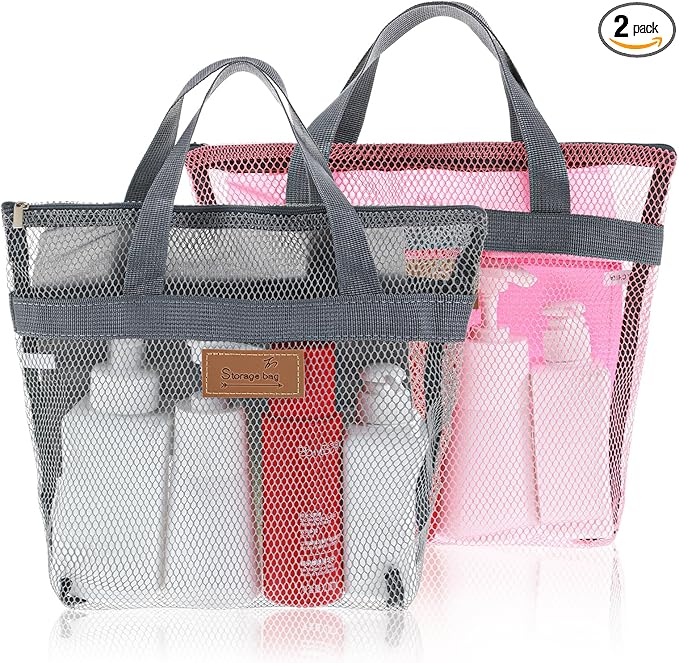 2pcs Gym Shower Caddy,Shower Caddy Mesh Bag,11.8 x 11.8 In,Quick Dry Portable Hanging Toiletry and Bath Organizer with Zipper for Travel,Gym,Swimming,Camping,College Dorms,Beach(Grey/Pink)