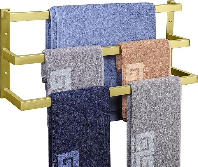 NearMoon Bathroom Towel Bar, Towel Rod Holder, Square Shelf Rack Hanging Towel for Bath, Thicken SUS304 Stainless Steel Towel Rack Wall Mounted-3-Tier Bath Accessories (24 Inch, Gold)