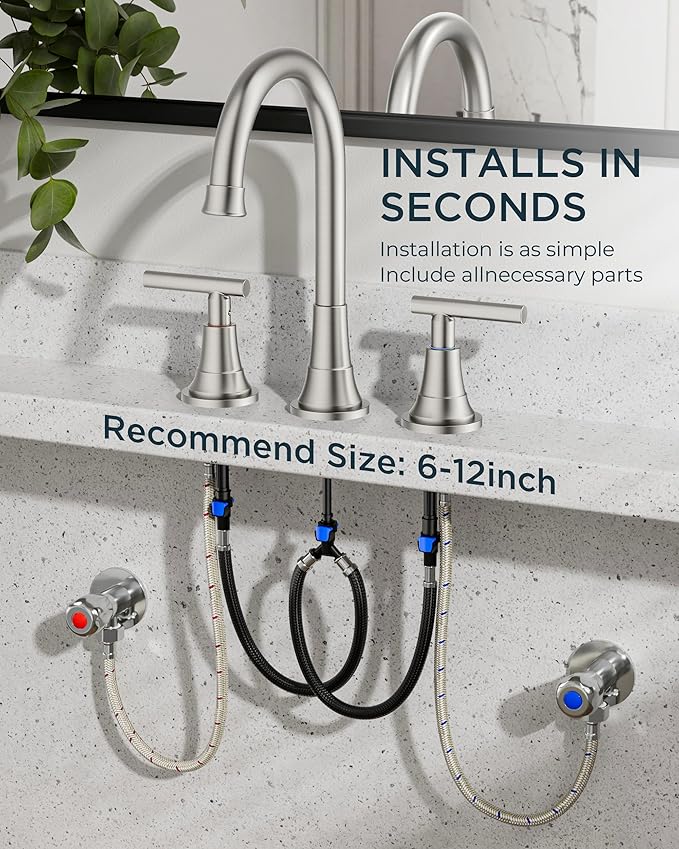FORIOUS Brushed Nickel Bathroom Faucet 3 Hole, 2 Handle 360° Swivel Gooseneck 8 Inch Widespread Bthroom Sink Faucet Brushed Nickel 3 Hole with Hot and Cold Water Hose, Farmhouse Restroom Renovation