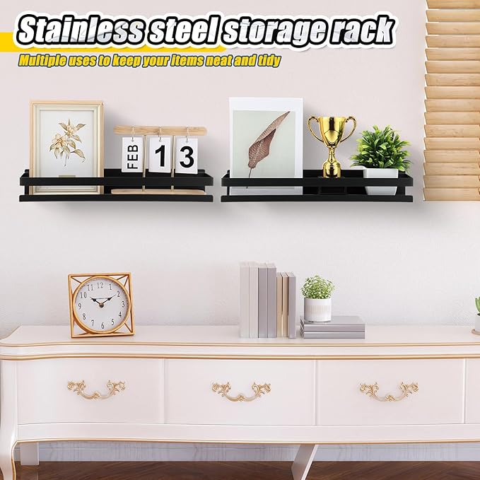 Lallisa 4 Pieces 15.75 Inch Stainless Steel Shelf Bathroom Shower Floating Shelves Wall Mounted Shower Caddy Basket Shelf Storage Organizer Shelves for Bathroom, Kitchen, Living Room (Black)