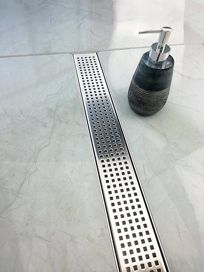 Neodrain 36-Inch Linear Shower Drain with Removable Quadrato Pattern Grate, Brushed 304 Stainless Steel Rectangle Shower Floor Drain, Linear Drain with Leveling Feet,Hair Strainer