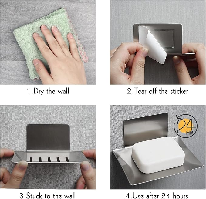 2 Pack Soap Dish for Shower Wall, Stainless Steel Adhesive Soap Holder for Bathroom, 5 Slot Sponge Holder for Kitchen Sink, Bar Soap Tray with Drain Silver