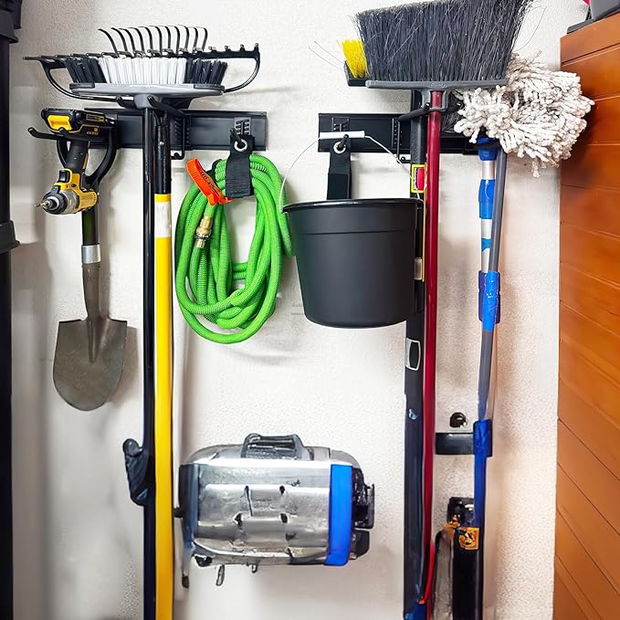 Garage Tool Organizer Wall Mount, 48 Inches Garden Tool Organizer with Adjustable Hooks, Metal Garage Storage Rack Max Loading 440lbs, Tool Holder for Hanging Rake Broom Mop Snowboard