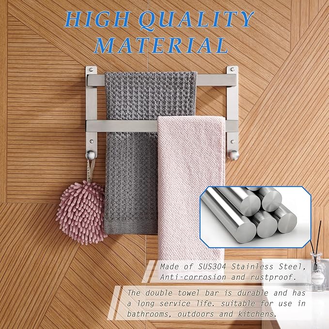 Bath Double Towel Bars with Hooks, 16 Inch Brushed Stainless Steel Towel Rail, Wall Mount Towel Rack for Bathroom Lavatory