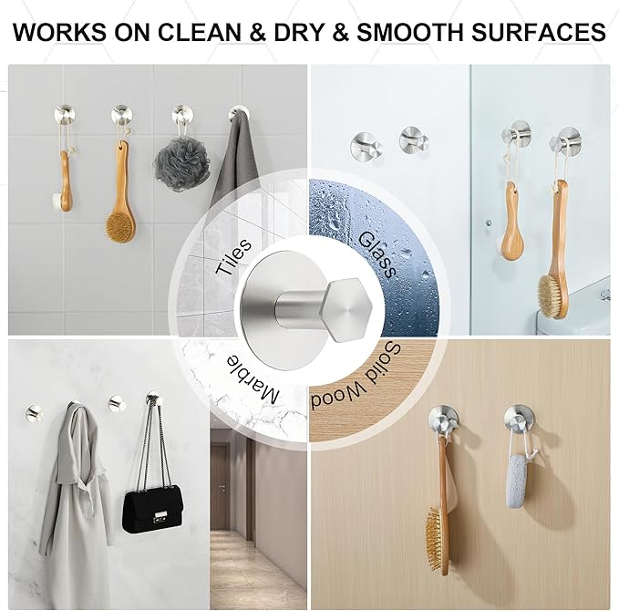 SAYAYO Adhesive Hooks for Hanging Coat, Hat, Robe, Brushes, Stick on Towel Hooks for Bathroom Kitchen, Waterproof SUS304 Stainless Steel Sticky Wall Hooks, No Nails, 4 Pack, Brushed Nickel