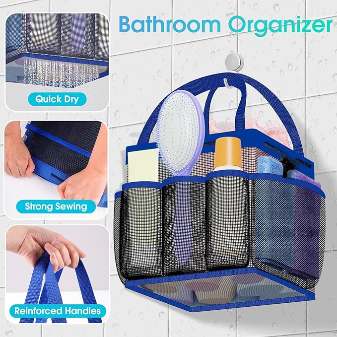 Mesh Shower Caddy Portable with Drawstring, 1 Main Compartment+ 7 Pockets, College Dorm Room Essentials for Girls, Shower Organizer Hanging Bag for Beach, Camp, Swim, Gym, Travel(Blue)