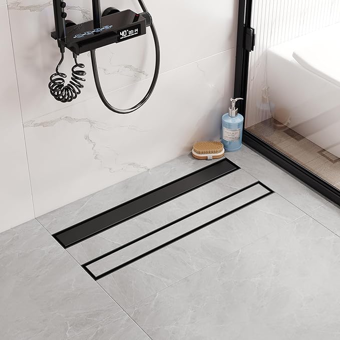 Neodrain 24-Inch Offset Linear Shower Drain with Tile Insert Grate Cover, 304 Stainless Steel Rectangle Side Outlet Shower Floor Drain, Adjustable Leveling Foot, Hair Strainer/Catcher, Matte Black
