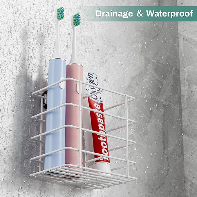 Shower Toothbrush Holder Wall Mounted, Adhesive Toothpaste Organizer for Bathroom Wall, Hanging Razor Tooth Brush Holder Caddy with Drainage, White RV Camper Bathroom Organizers and Storage