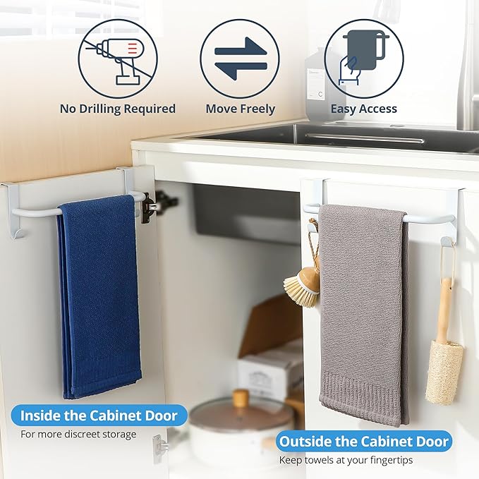 SAYAYO Over Cabinet Towel Bar White, 10 Inch Kitchen Towel Holder with 2 Hooks, Over The Cupboard Door Dish Towel Rack, 2 Pcs