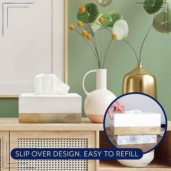 AuldHome Design Rectangular Tissue Box Cover (Enamel/Mango Wood); Minimalist Scandinavian Decor White Oblong Tissue Holder