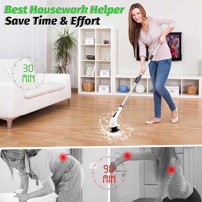 Electric Spin Scrubber, Cordless Electric Cleaning Brush with Extension Handle, 9 Replaceable Brush Heads, 1.5H Working Time, 2 Speed, Power Scrubbing Brush for Floor, Tile, Kitchen, Car Wash Teal