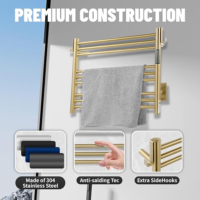 K&KALONZO Towel Warmer for Bathroom, Wall-Mounted 9-Bar Heated Towel Rack with Built-in Timer, Waterproof Electric Towel Heater, Support Plug-in and Hardwired, Brushed Gold, EL13S