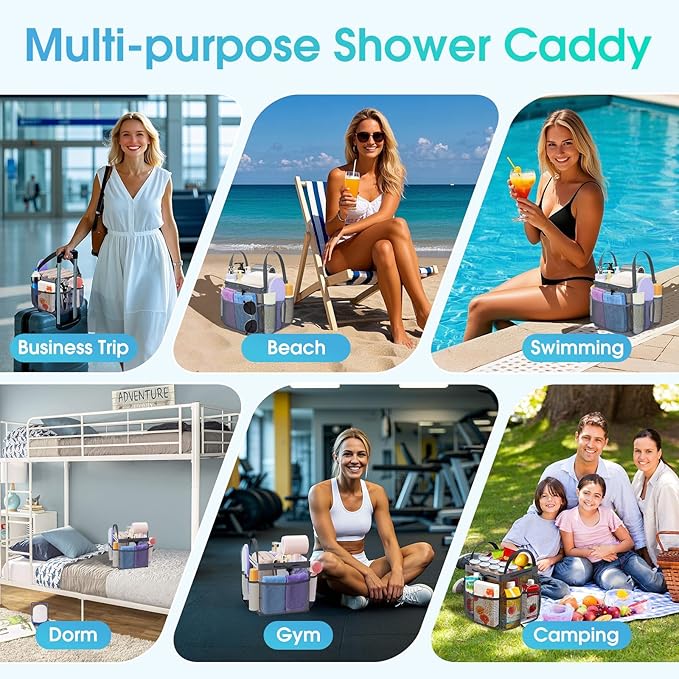 Mesh Shower Caddy Portable with Drawstring, 1 Main Compartment+ 7 Pockets, College Dorm Room Essentials for Girls, Shower Organizer Hanging Bag for Beach, Camp, Swim, Gym, Travel(Grey)