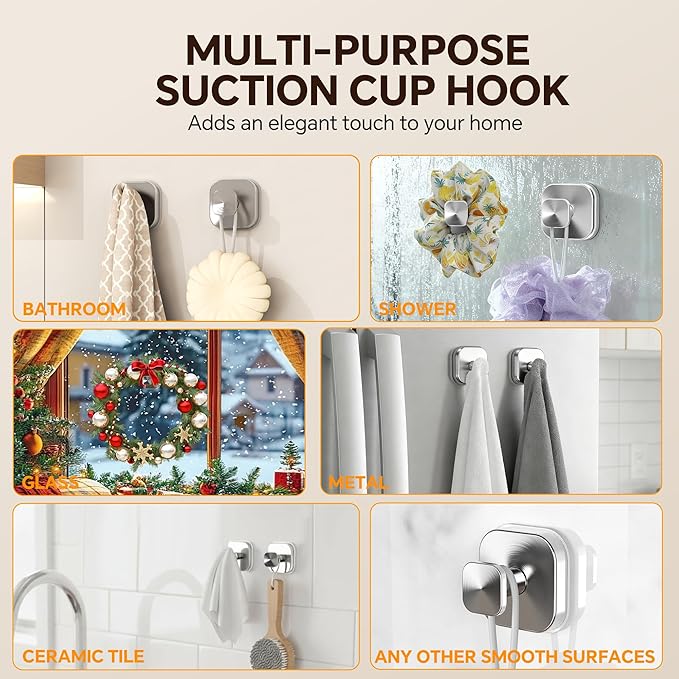 2Pack Suction Cup Hooks for Shower, Bathroom, Glass Door – Heavy Duty Waterproof Suction Hooks for Towel, Loofah, Bath Robe and Wreath Hanging – No Drill Removable Hook, Brushed Silver