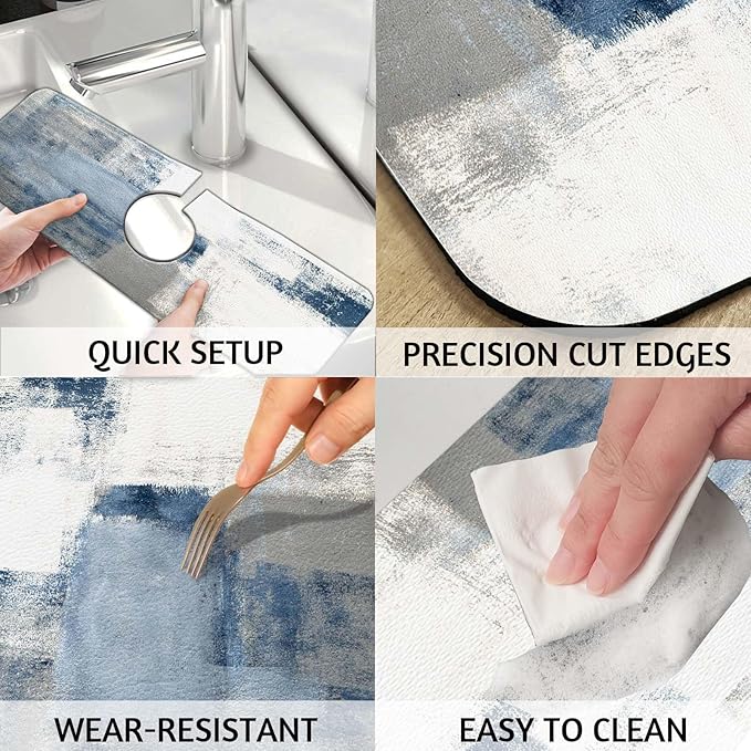 MCALK Blue Kitchen Sink Faucet Mat Splash Guard, Absorbent Quick-Dry Kitchen Sink Mat - Ideal for Splash Guard & Drip Catching with Abstract Art Decor( 1pc 15"x5.5")