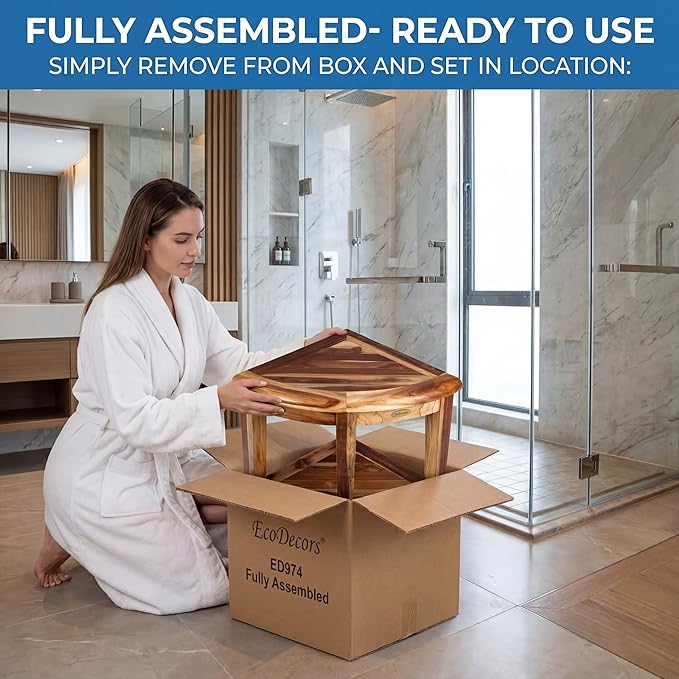 EcoDecors Fully Assembled SnazzyCorner® 18" Teak Shower Bench, Corner Shower Stool, w Shelf in Earthy Teak Finish, Compact Fit for Small Bathrooms & Walk-in Showers – Slip-Resistant Feet