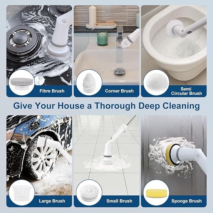 Electric Spin Scrubber, 2 Speed Adjustable Cordless Cleaning Brush with 6 Replaceable Heads, Waterproof Electric Telescopic Brush for Cleaning Bathroom, Tub and Tile Floor