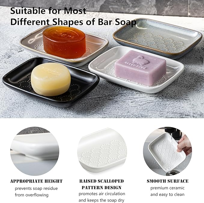 Gomakren Ceramic Soap Dish with Raised Scalloped Design, Versatile Soap Holder & Tray for Bathroom and Kitchen Sink, Prevents Soggy Soap, Rustic Modern Decor, Easy to Clean, White (5.59" x 4.02")