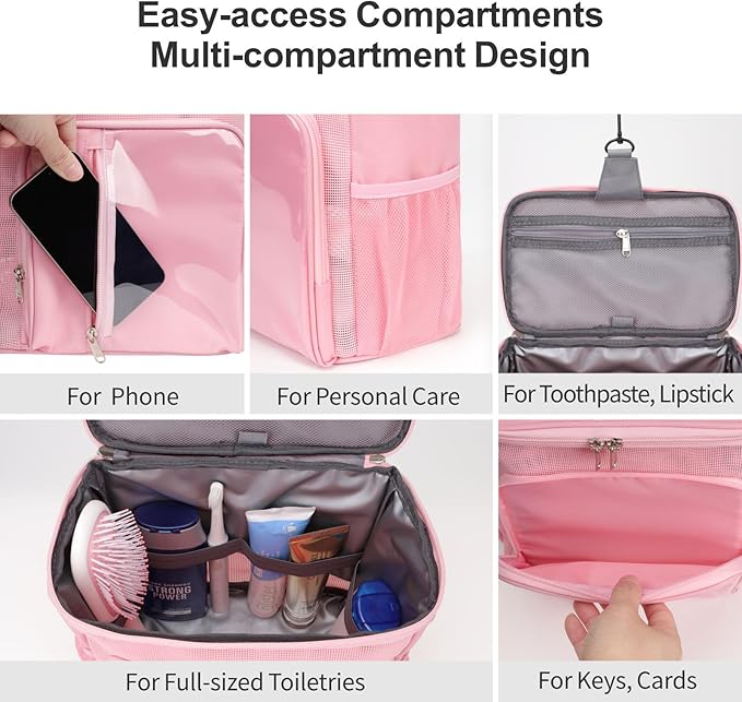 F-color Shower Caddy Portable for College Dorm Essentials - Large Hanging Sturdy Handle Toiletry Tote Bag with Hook, Multiple Pockets, Quick Dry Organizer for Camping, Travel, Gym, Pink