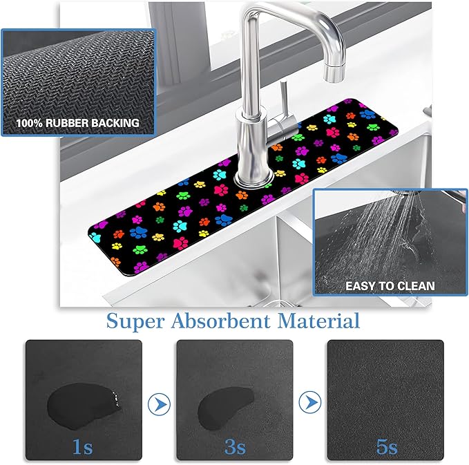 Dog Paw Print Faucet Mat for Kitchen Sink Animal Footprint, Soft Diatom Mud Material, Strong Water Absorption, Non-slip, Easy to Clean for Bathroom, Kitchen 23.5"X5.5"