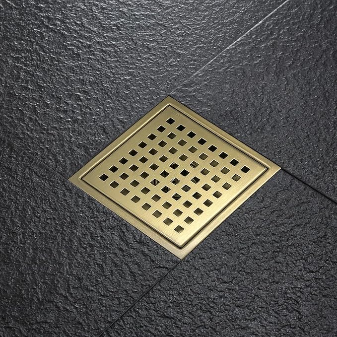 6 Inch Square Shower Drain with Flange, Removeable Grate SUS 304 Stainless Steel Shower Drain with Hair Catcher (Brushed Gold, 6 Inch)