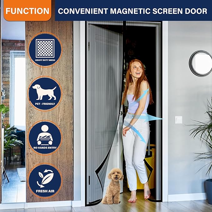 Magnetic Screen Door，Screen Door Mesh，Keep Bugs Out, Heavy-Duty Mesh Curtain,Pet and Kid Friendly, Works with Front Doors, Sliding Doors（34 x 82 Inch ‎Black