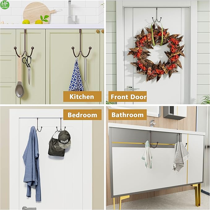 HFHOME 4Packs Over The Door Double Hanger Hooks, Metal Twin Hooks Organizer for Hanging Coats, Hats, Robes, Towels- Brown