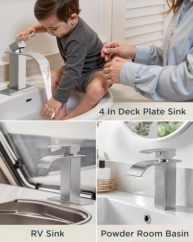 FORIOUS Brushed Nickel Waterfall Bathroom Faucets 1 or 3 Hole, Vanity Single Bathroom Sink Faucet with cUPC Supply Line and Pop Up Drain, Suitable for Basin, RV, Restroom Sink