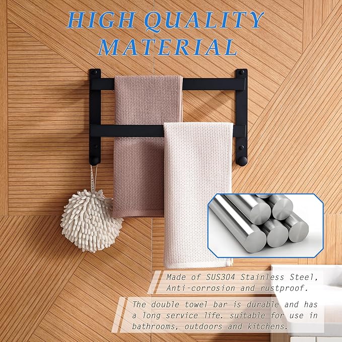 16 Inch Double Towel Bar with Hooks Matte Black, Stainless Steel Bath Shower Towel Rack Wall Mounted Towel Rod Holder for Bathroom