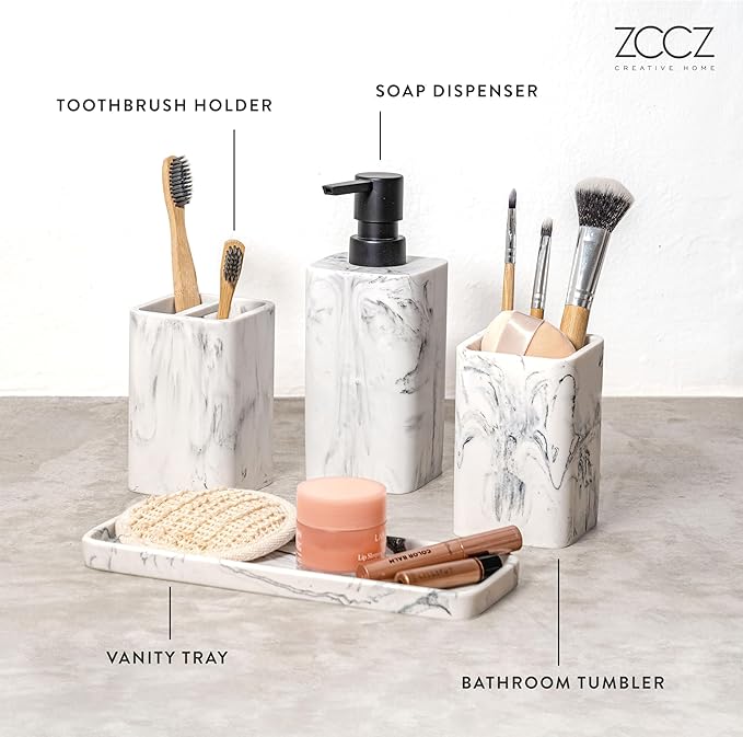 ZCCZ Bathroom Accessory Sets, 4 Pieces Bathroom Accessories Complete Set Vanity Countertop Accessory Set with Marble Look, Includes Lotion Dispenser Soap Pump, Tumbler, Toothbrush Holder and Tray
