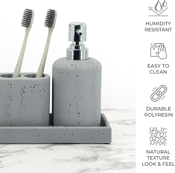 ZCCZ -Beige Bathroom Accessories Set 4 Pcs - Toothbrush Holder, Soap Dispenser, Vanity Tray, Bathroom Tumbler - Countertop Vanity Organizer - Bathroom Accessory Set- Toothbrush Holder Set, Stone Sets