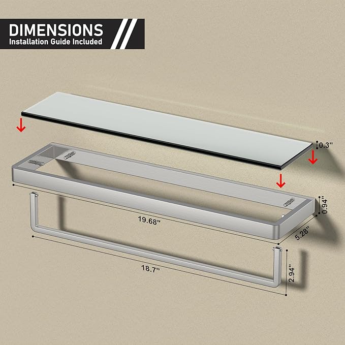 Glass Floating Shelves for Wall, Brushed Nickel 20 Inch Tempered Glass Rectangular 1 Tier Organizer Shelf for Bathroom