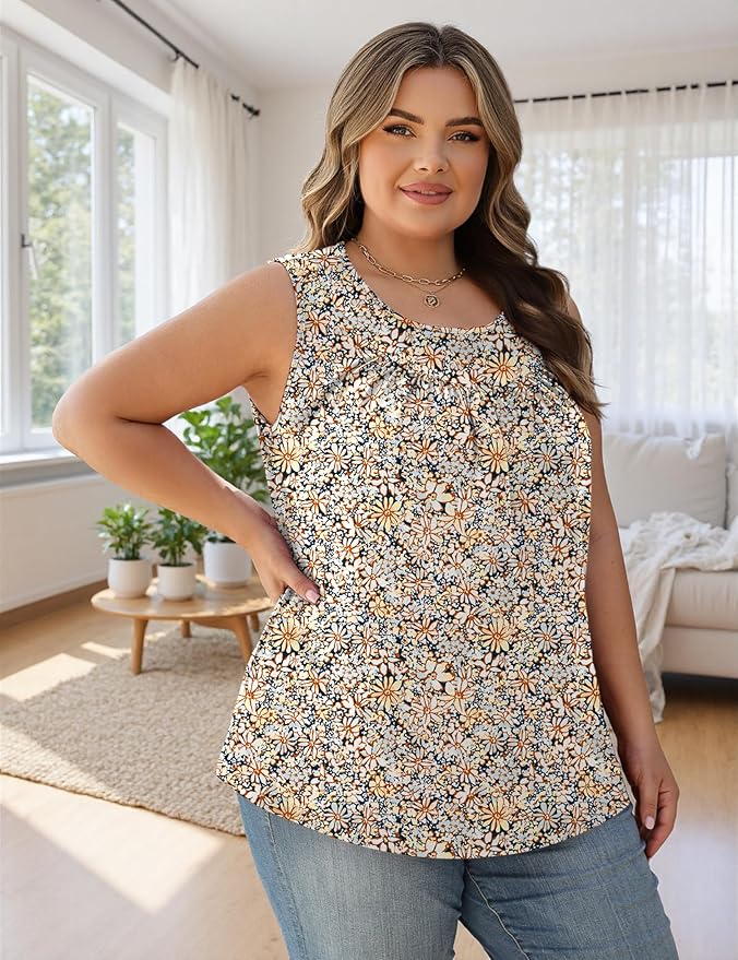 AKEWEI Womens Plus Size Tank Tops Ladies Sleeveless Summer Pleated Tops Oversized Flowy Tunics XL-5XL