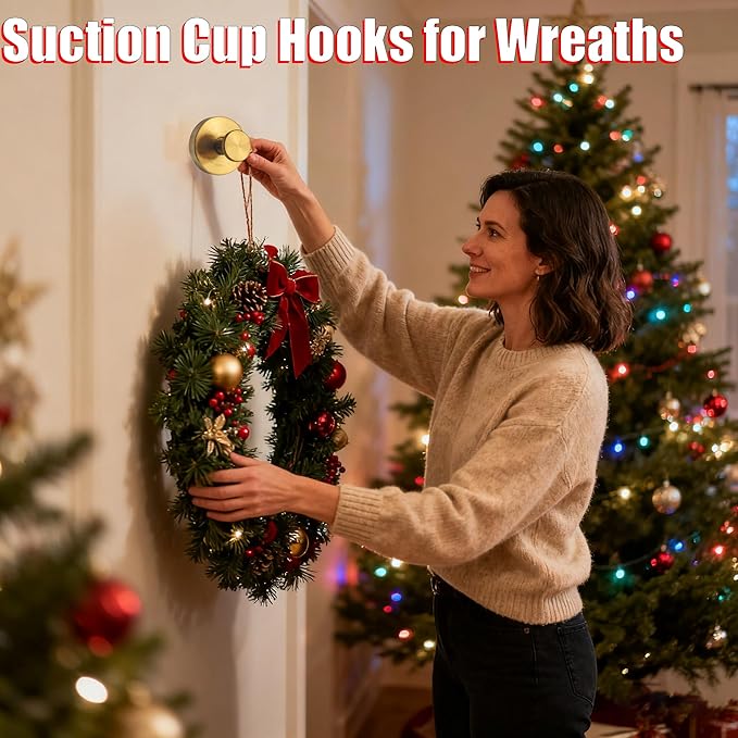 Suction Cup Hooks for Wreaths, 2025 New No Drill Suction Cup Hooks for Shower Hanging Towels, Wreath Hanger for Front Door, Holder for Glass Window Door Bathroom Mirrors (2pcs, Gold)