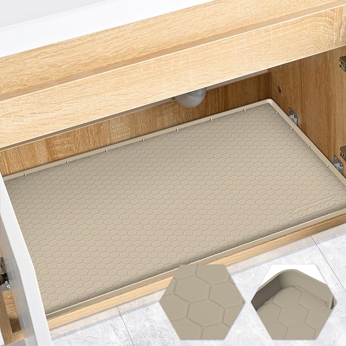 Waterproof Under Sink Mat 34" x 22", Silicone Cabinet Liner, Rubber Protector for Kitchen and Bathroom, Keeps Cabinets Clean, Dry, and Organized (Khaki)