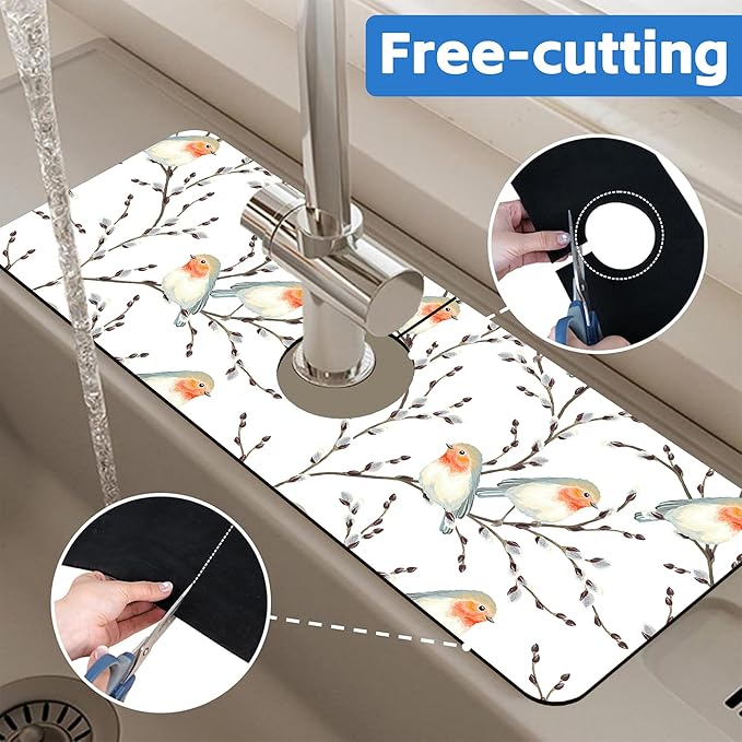 Willow Branches and Robin Dish Drying Mat for Kitchen Sink Splash Guard Behind Faucet Sink Mat Absorbent Fast Drying Faucet Draining Mat for Bathroom Kitchen 5.5"×15"
