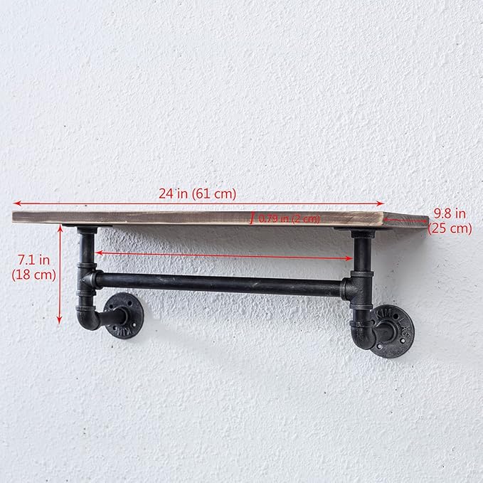 MBQQ 1 Tier Shelving Bathroom Pipe Shelves with Towel Bar Over Toilet, 24 inch Pine Wood Floating Shelves for Wall Mounted Bedroom,Kitchen, Farmhouse, Living Room