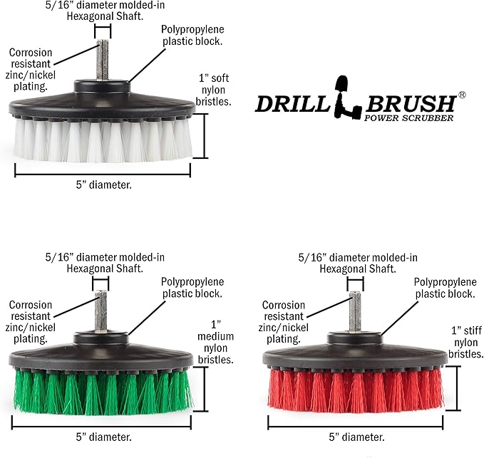 Cleaning Supplies - Drill Brush - 5 Inch Large Spin Brush Kit - Stiff, Medium, and Soft Power Scrubbers - Kitchen Accessories - Clean Stove, Oven Rack, Sink, Baseboard - Algae, Mold, Mildew, and Moss