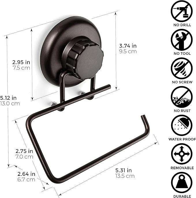 Powerful Vacuum Suction Cup Toilet Paper Holder – Wall Mount No Drilling Bathroom Stainless Steel Tissue Roll Dispenser – Adhesive 3M Stick Disc Included (Bronze)