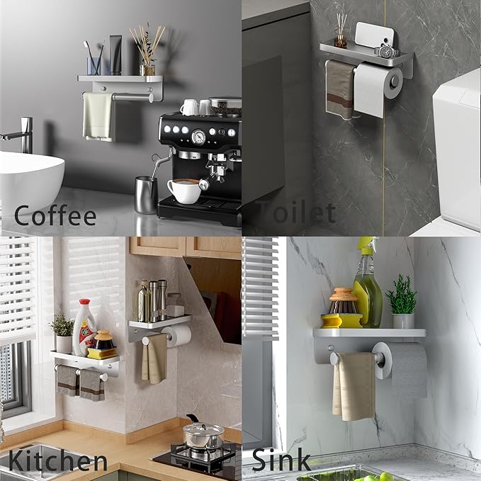 Double Toilet Paper Holder with Shelf, iMonse Paper Towel Holder Wall Mount,Tissue Roll Holder for Bathroom Kitchen RV, Double Tissue Roll Rack with Adhesive & Screw (Silver)