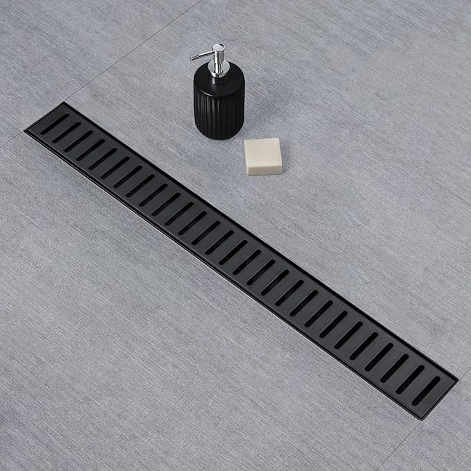 SaniteModar Linear Shower Drain, 36 inch Black Shower Drain with Removable Capsule Pattern Grate,304 Stainless Steel Shower Drain Include Hair Strainer,Adjustable Leveling Feet
