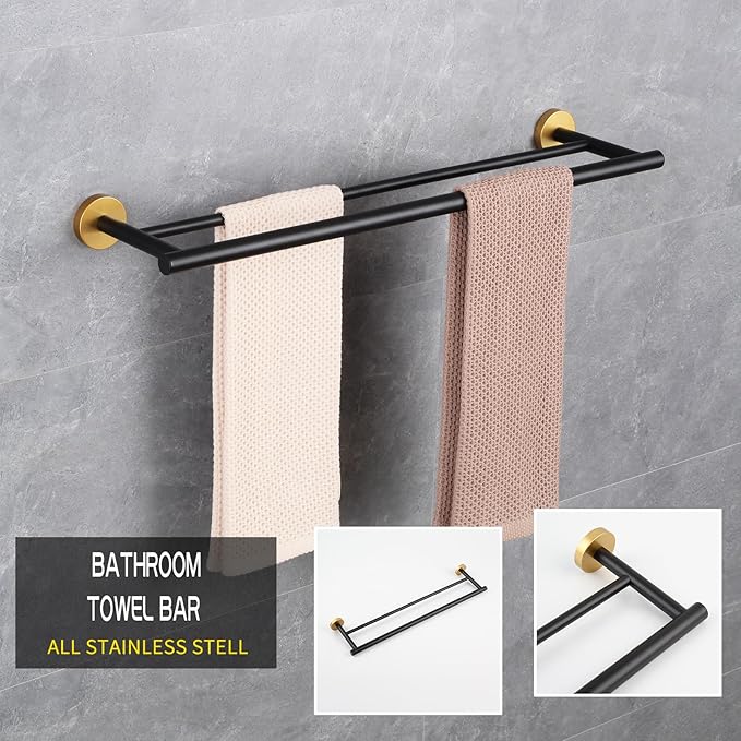GERZWY 24-Inch Bath Double Towel Bar Stainless Steel Modern Round Style Bath Hand Towel Rack Wall Mount Black & Gold