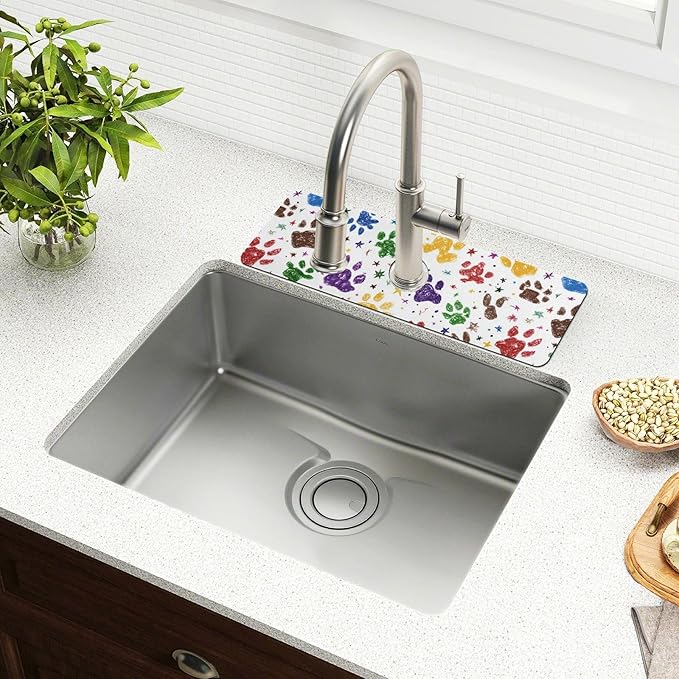 Kitchen Sink Splash Guard 1 PC 30 Inch Sink Faucet Mat Splash Guard for Bathroom Countertop Water Absorbent Foldable Cuttable Soft Washable Paw Prints and Stars