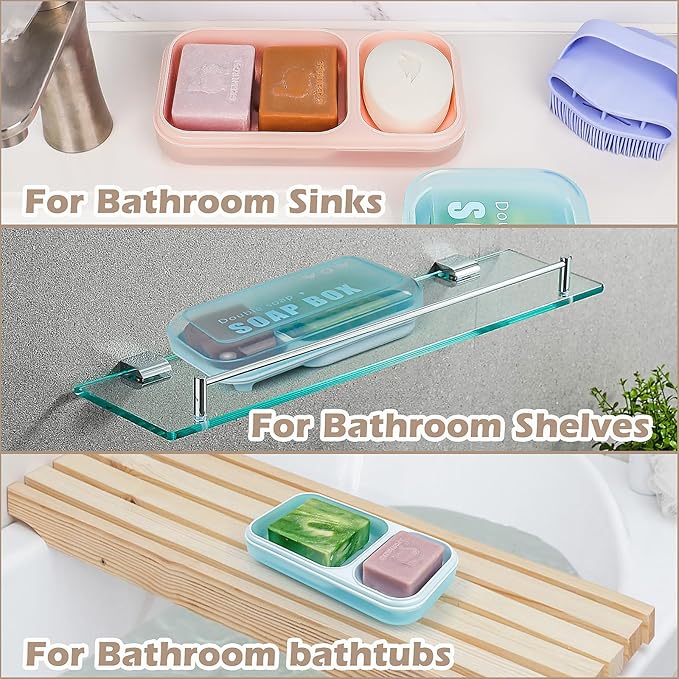 Large Dual Compartment Soap Dish with Lid & Drain Holes | Large Capacity Shower Organizer, Non-Slip Bathroom Soap Holder for 2 Bars - Durable PP Plastic, Prevents Melting (Pink)